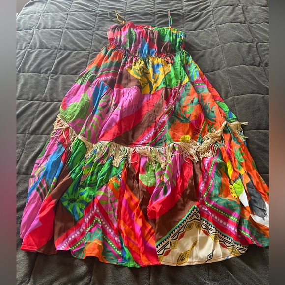 FARM Rio Palila Fringe Tropical Print Midi Dress Multicolor NWT - Picture 9 of 10